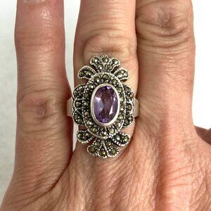 Sterling Silver 925 HAN Thai Oval Amethyst 1" Large Marcasite Ring Sz 6.25